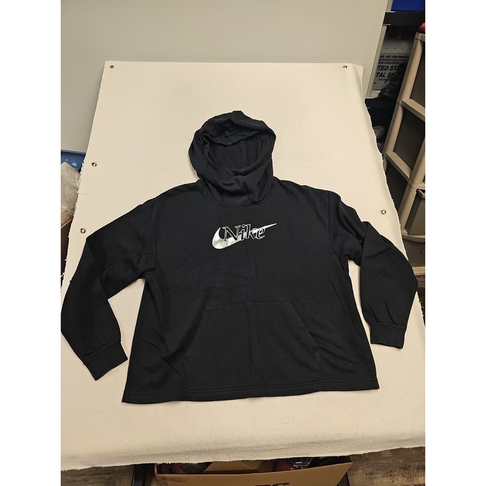 Nike Womens Black Metallic Silver Foil Logo‎ Funnel Neck Hoodie Large Sweatshirt